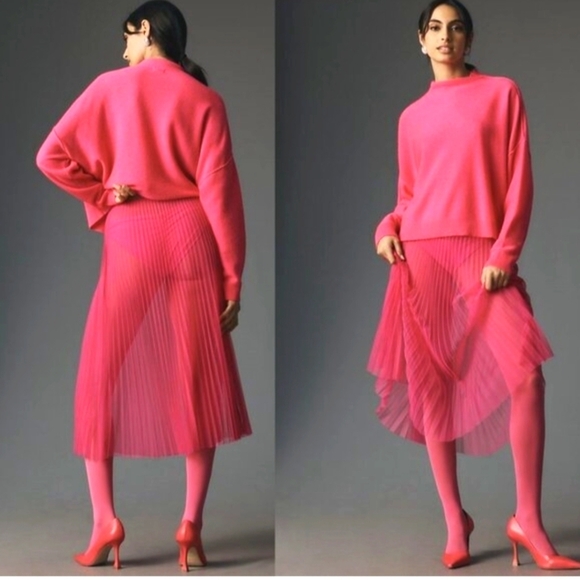 NWT Anthropologie Sunburst sheer Pink Pleated Midi Skirt Sz LP fits XL/1x - Picture 1 of 14